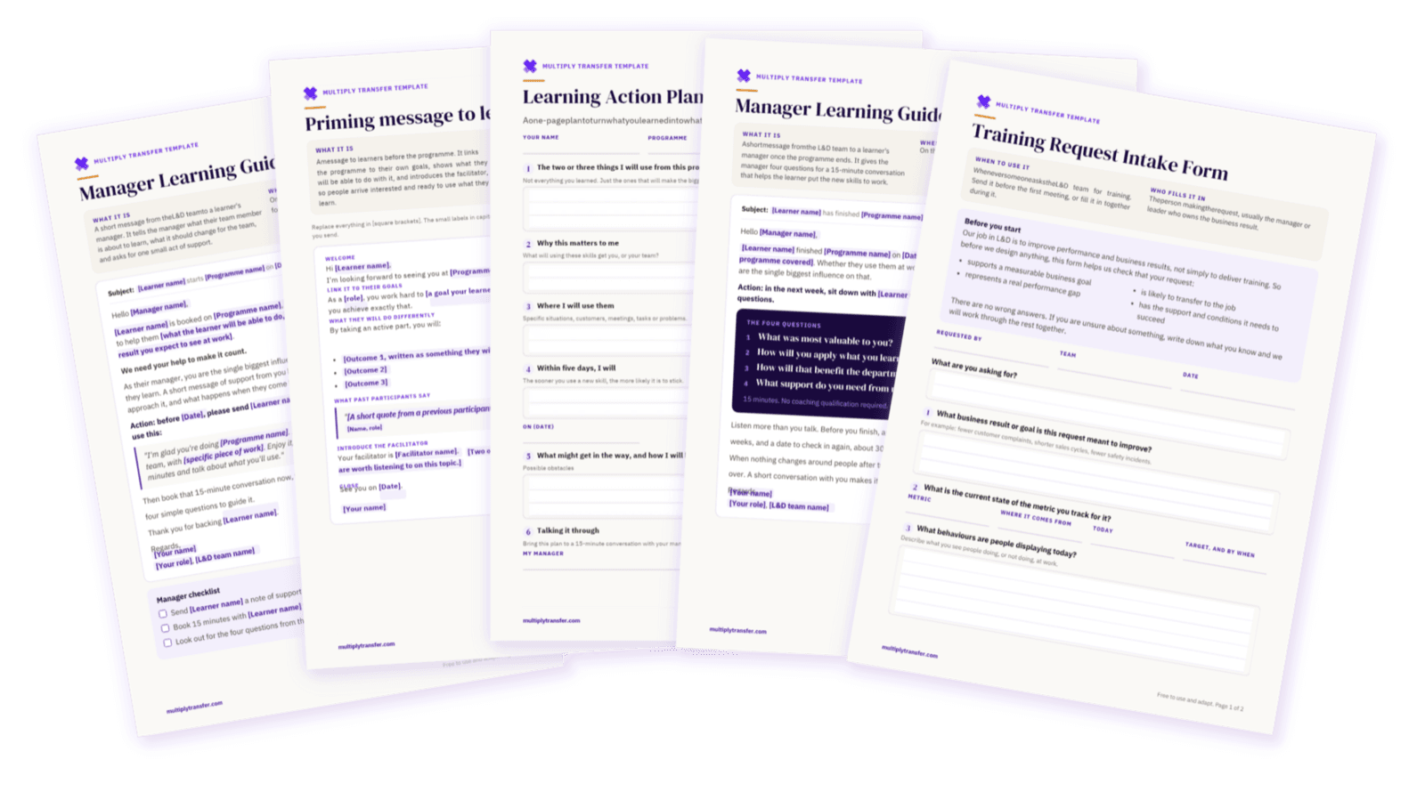 Five Multiply Transfer templates: Manager Learning Guide before and after training, Priming message to learners, Learning Action Plan and Training Request Intake Form.